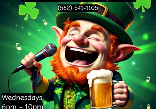 An advertisement for O’Connor’s Irish Pub Karaoke in Lakewood, CA featuring a leprechaun holding a microphone and beer. Wednesdays, 6pm-10pm.