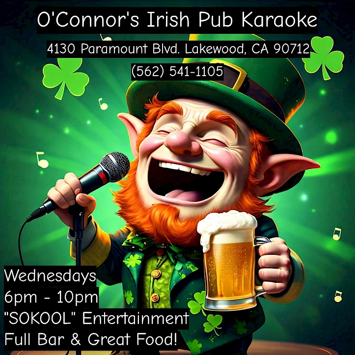 An advertisement for O’Connor’s Irish Pub Karaoke in Lakewood, CA featuring a leprechaun holding a microphone and beer. Wednesdays, 6pm-10pm.