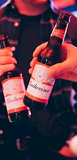 Two people clinking Budweiser beer bottles, one seen in a denim shirt.